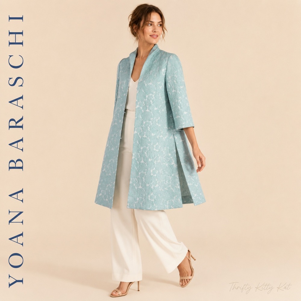 Yoana Baraschi Blue Opera Coat Metallic Jacquard Three Quarter Sleeve Sky NWT 2
